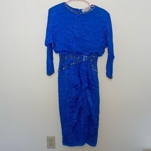 Vintage 80s A.J. Bari Blue 100% Silk Rose Print Sequin Dress Size 6
